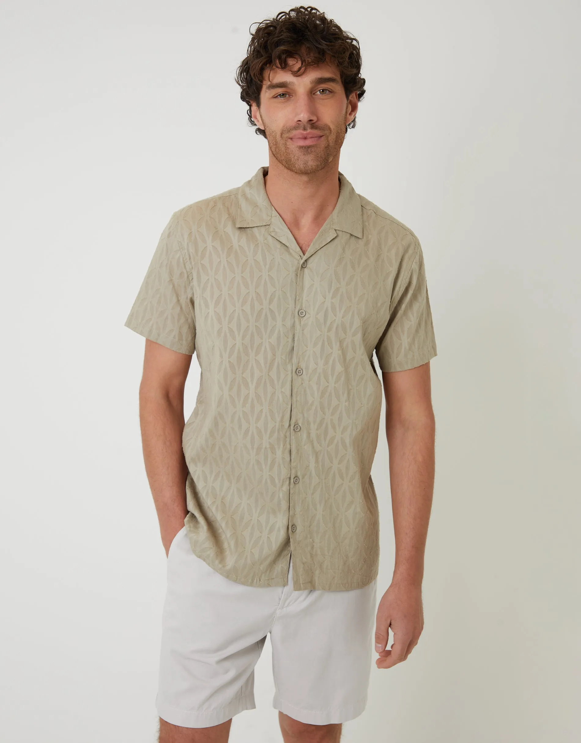 Stone Cotton Pluck Textured Revere Collar Short Sleeve Shirt sold by Threadbare