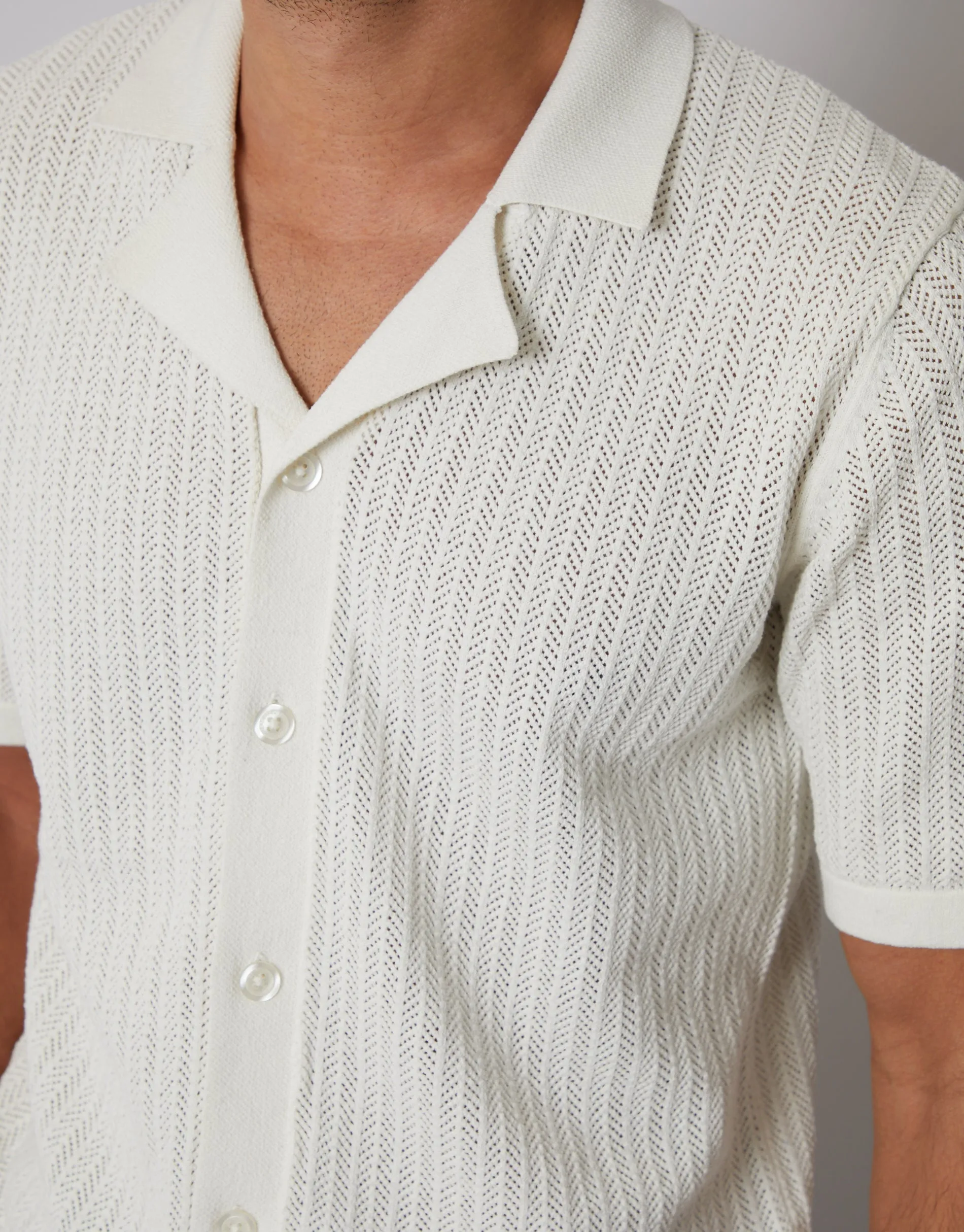 Ecru Textured Revere Collar Knitted Shirt sold by Threadbare product image thumbnail 4