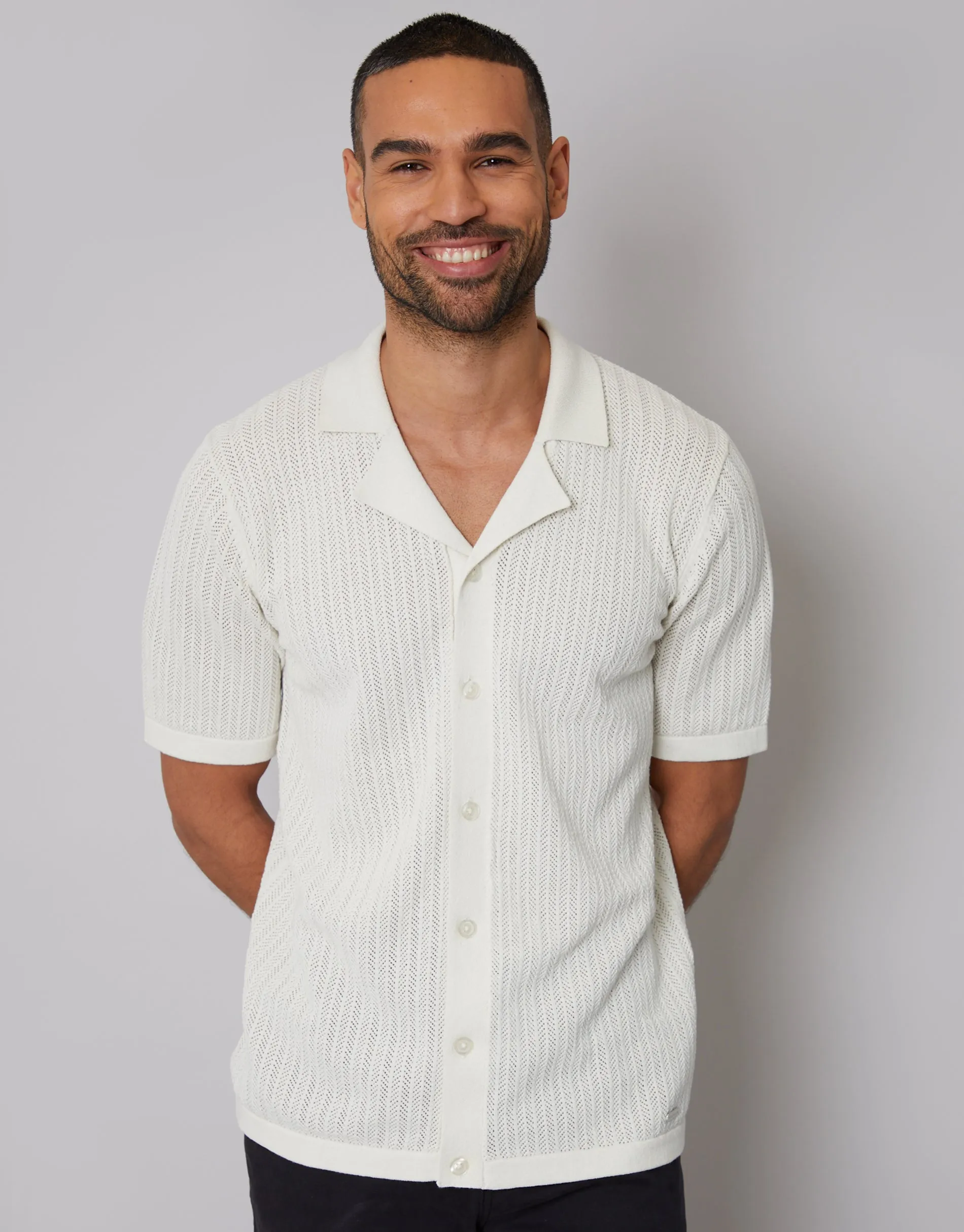 Ecru Textured Revere Collar Knitted Shirt sold by Threadbare