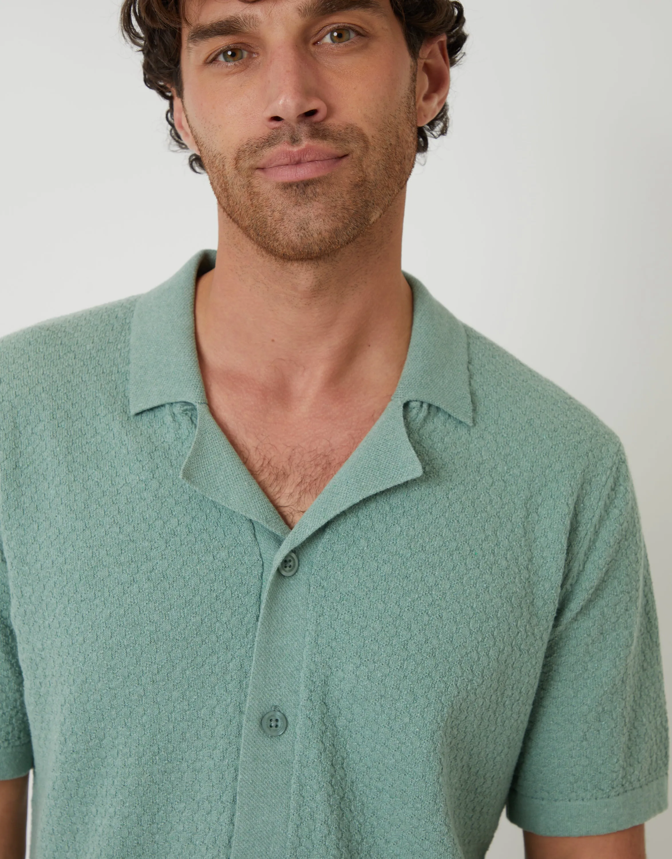 Sage Green Textured Revere Collar Knitted Shirt sold by Threadbare product image thumbnail 4