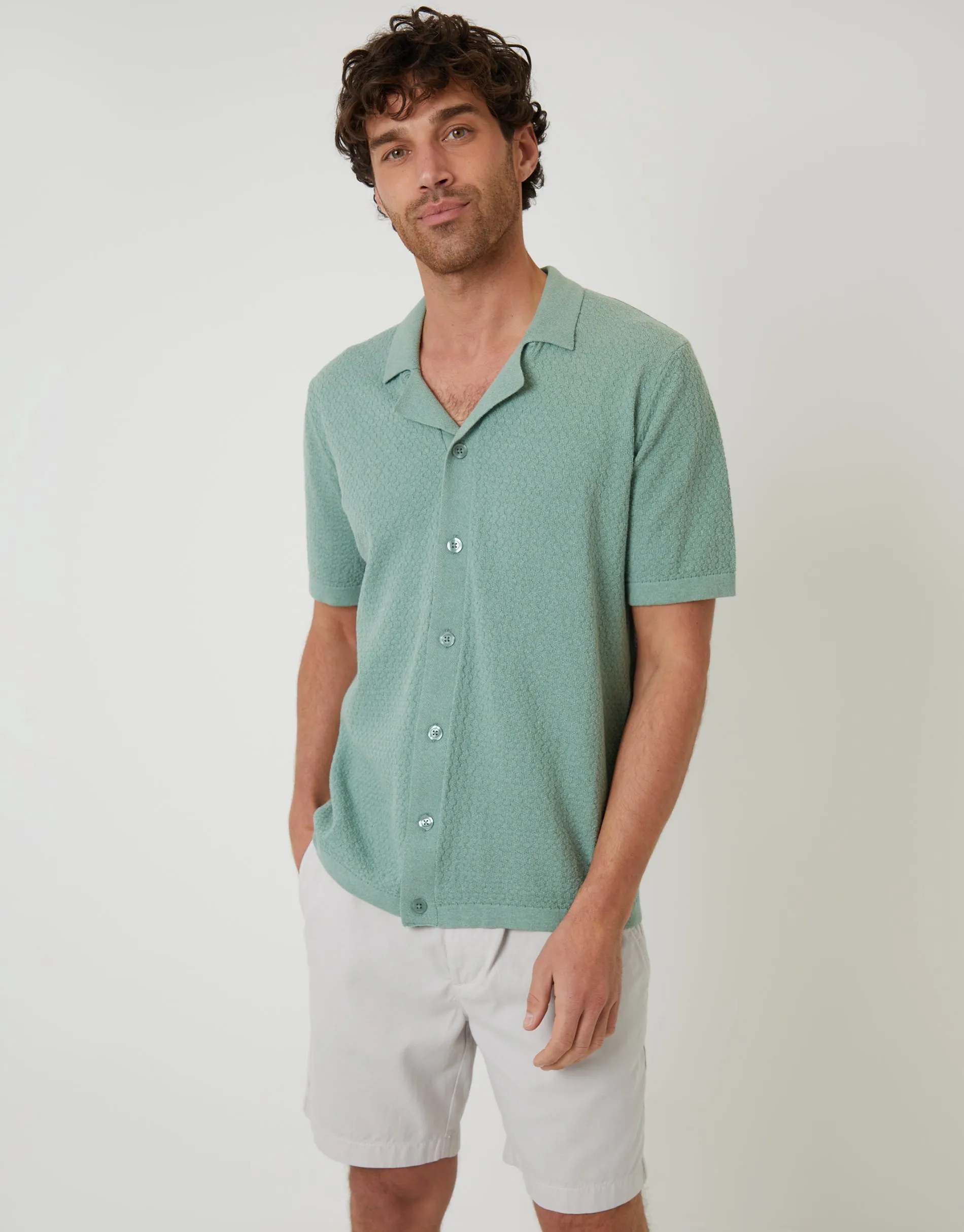 Sage Green Textured Revere Collar Knitted Shirt sold by Threadbare