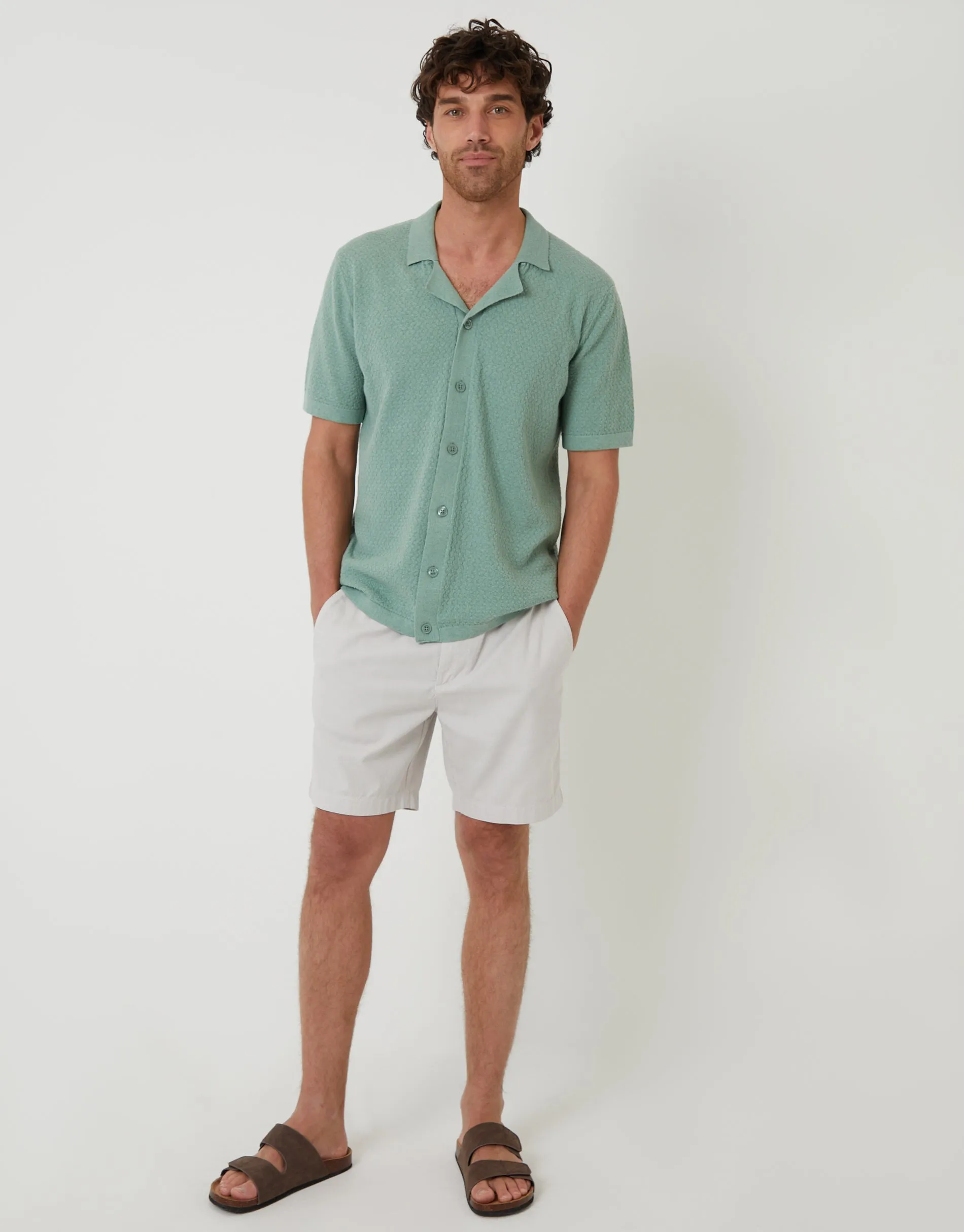 Sage Green Textured Revere Collar Knitted Shirt sold by Threadbare product image thumbnail 3