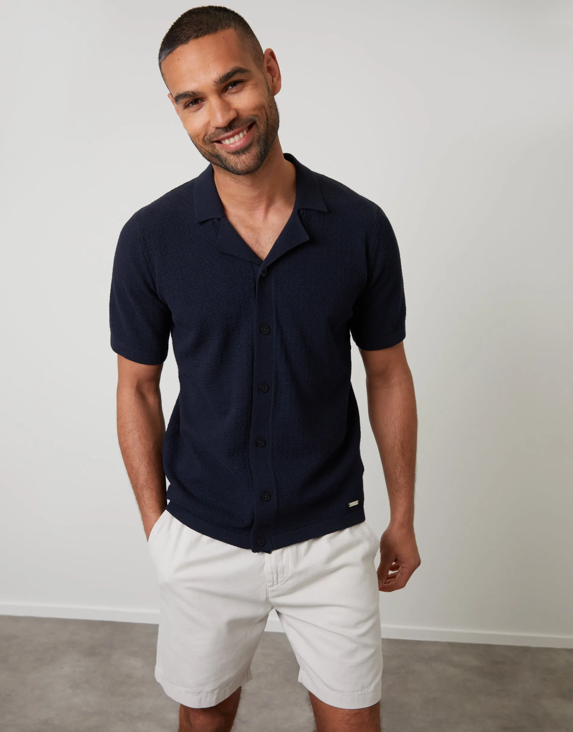 Navy Textured Revere Collar Knitted Shirt sold by Threadbare