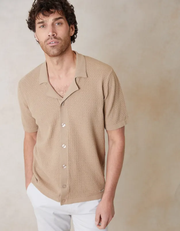 Brown Textured Revere Collar Knitted Shirt sold by Threadbare