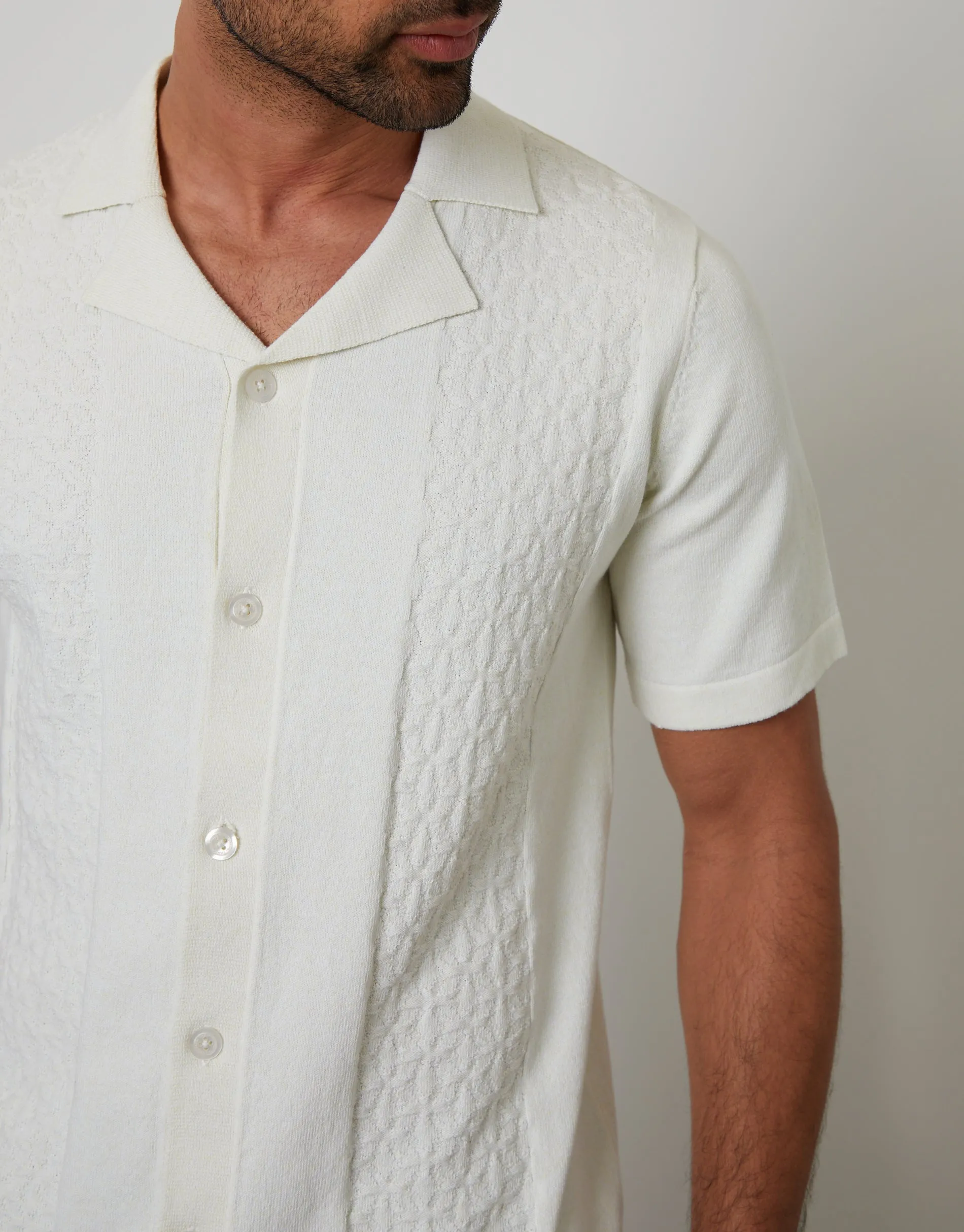 Ecru Textured Panel Revere Collar Knitted Shirt sold by Threadbare product image thumbnail 4