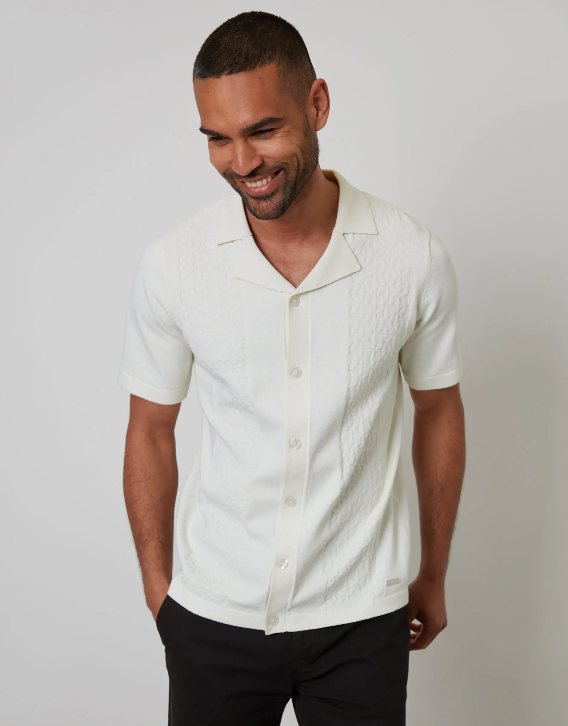 Ecru Textured Panel Revere Collar Knitted Shirt sold by Threadbare