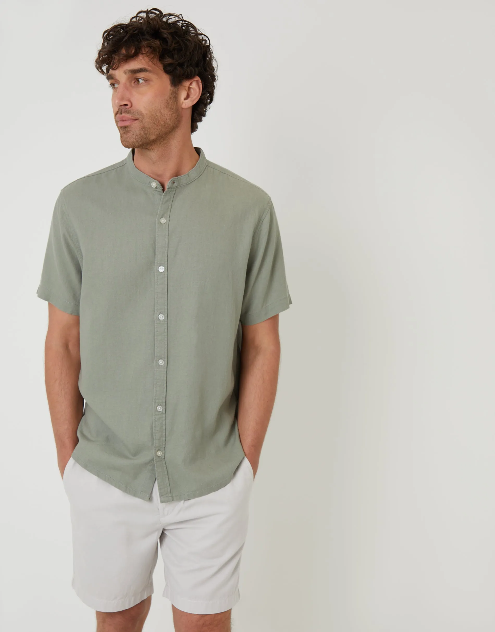 Sage Green Grandad Collar Linen Blend Short Sleeve Shirt sold by Threadbare product image thumbnail 2