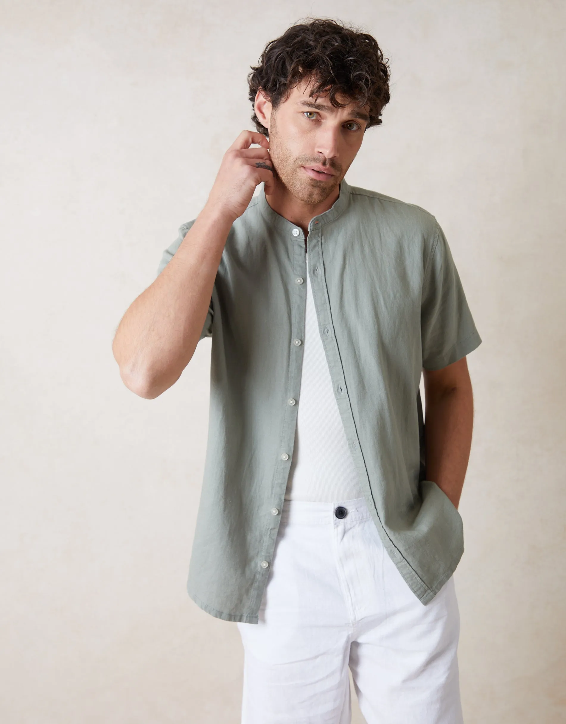 Sage Green Grandad Collar Linen Blend Short Sleeve Shirt sold by Threadbare