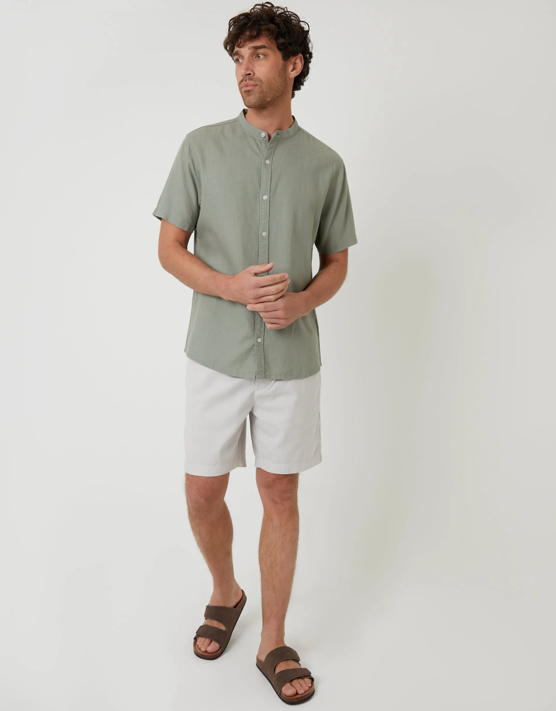 Sage Green Grandad Collar Linen Blend Short Sleeve Shirt sold by Threadbare product image thumbnail 4