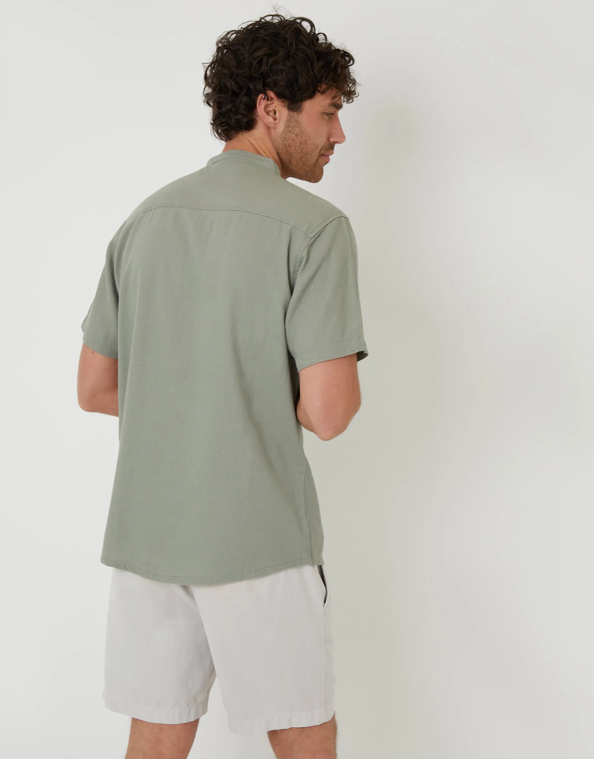 Sage Green Grandad Collar Linen Blend Short Sleeve Shirt sold by Threadbare product image thumbnail 3