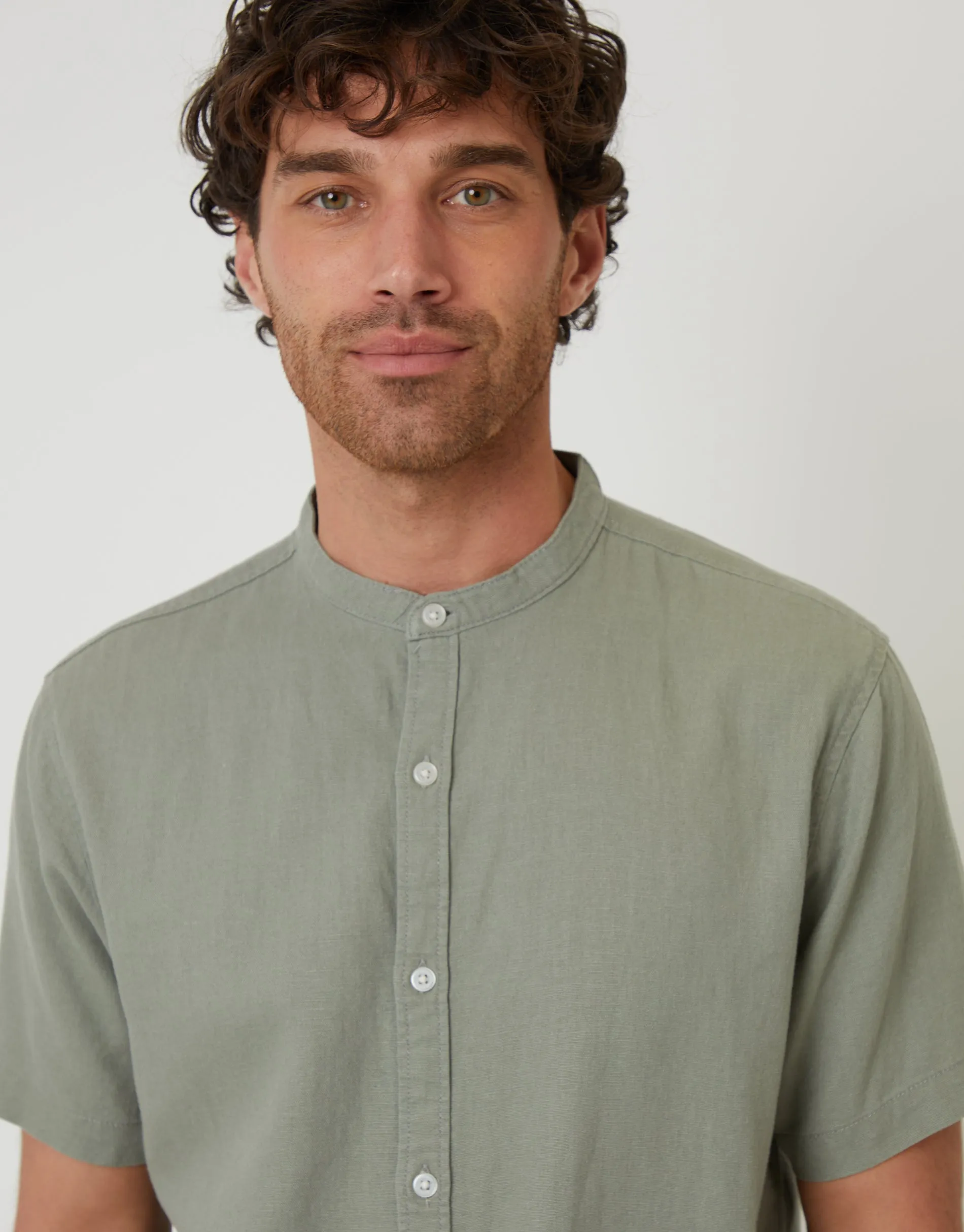 Sage Green Grandad Collar Linen Blend Short Sleeve Shirt sold by Threadbare product image thumbnail 5