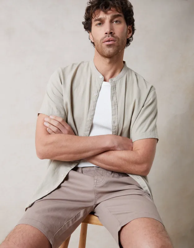 Stone Grandad Collar Linen Blend Short Sleeve Shirt sold by Threadbare