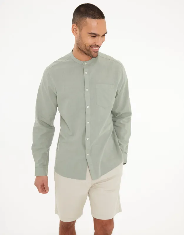 Threadbare Men's Sage Green Grandad Collar Linen Blend Long Sleeve Shirt sold by Threadbare