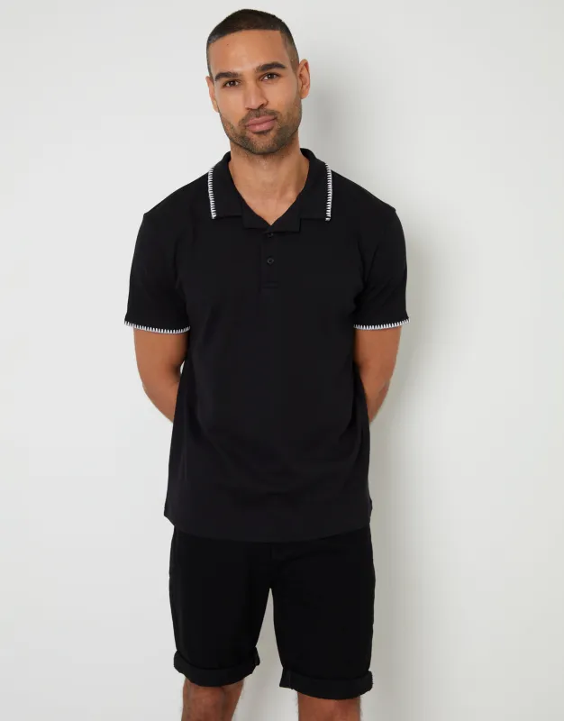 Black Contrast Revere Collar Polo Shirt made by Threadbare