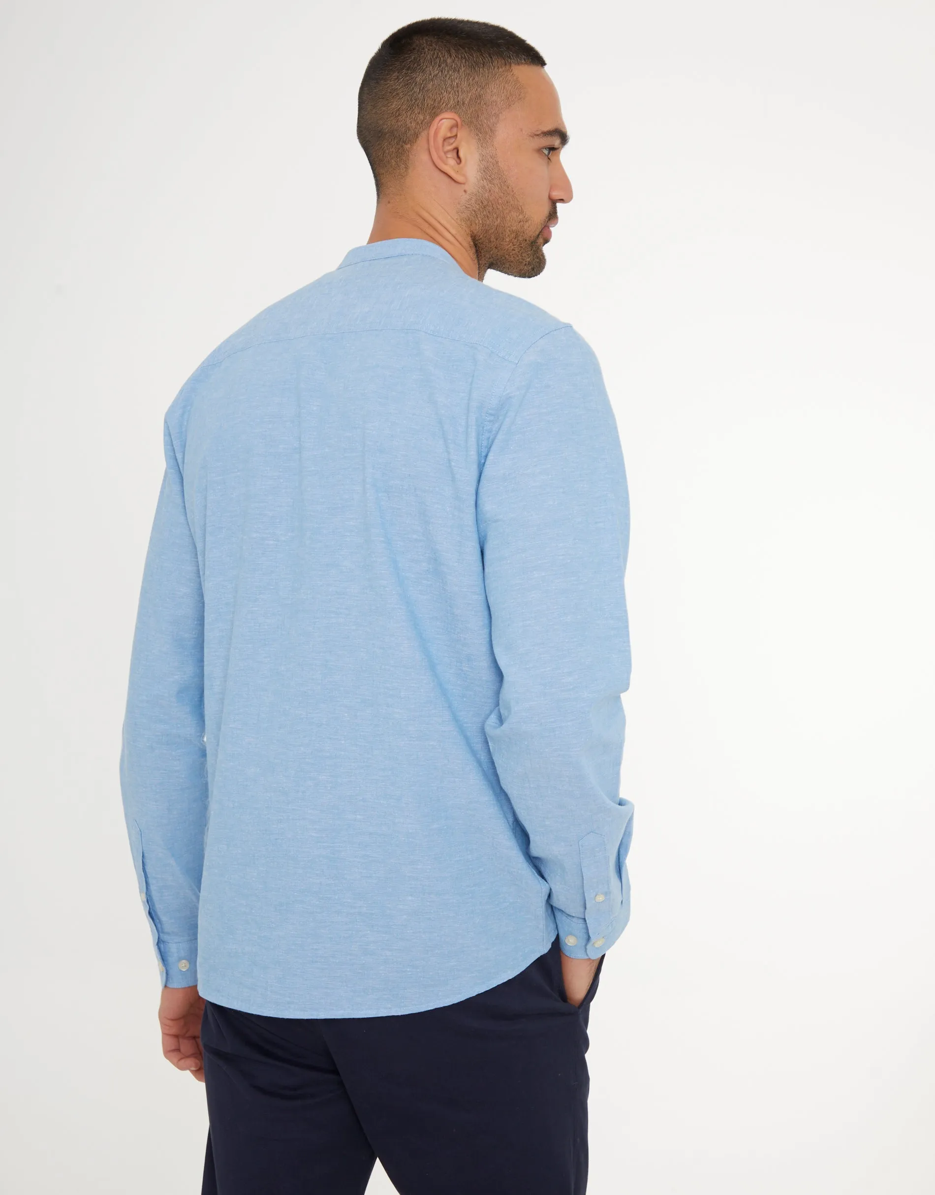 Denim Blue Grandad Collar Linen Blend Long Sleeve Shirt sold by Threadbare product image thumbnail 2