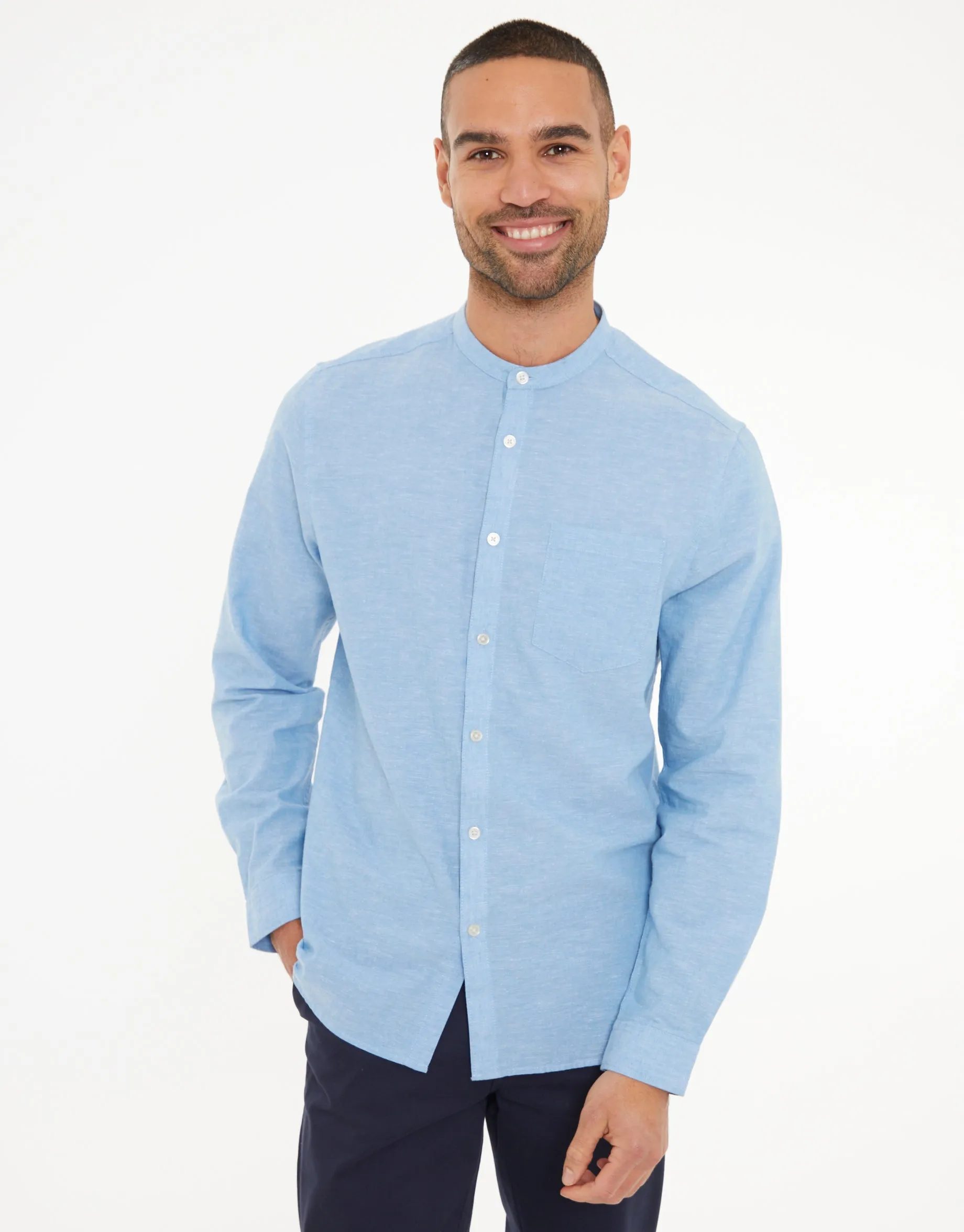 Denim Blue Grandad Collar Linen Blend Long Sleeve Shirt sold by Threadbare