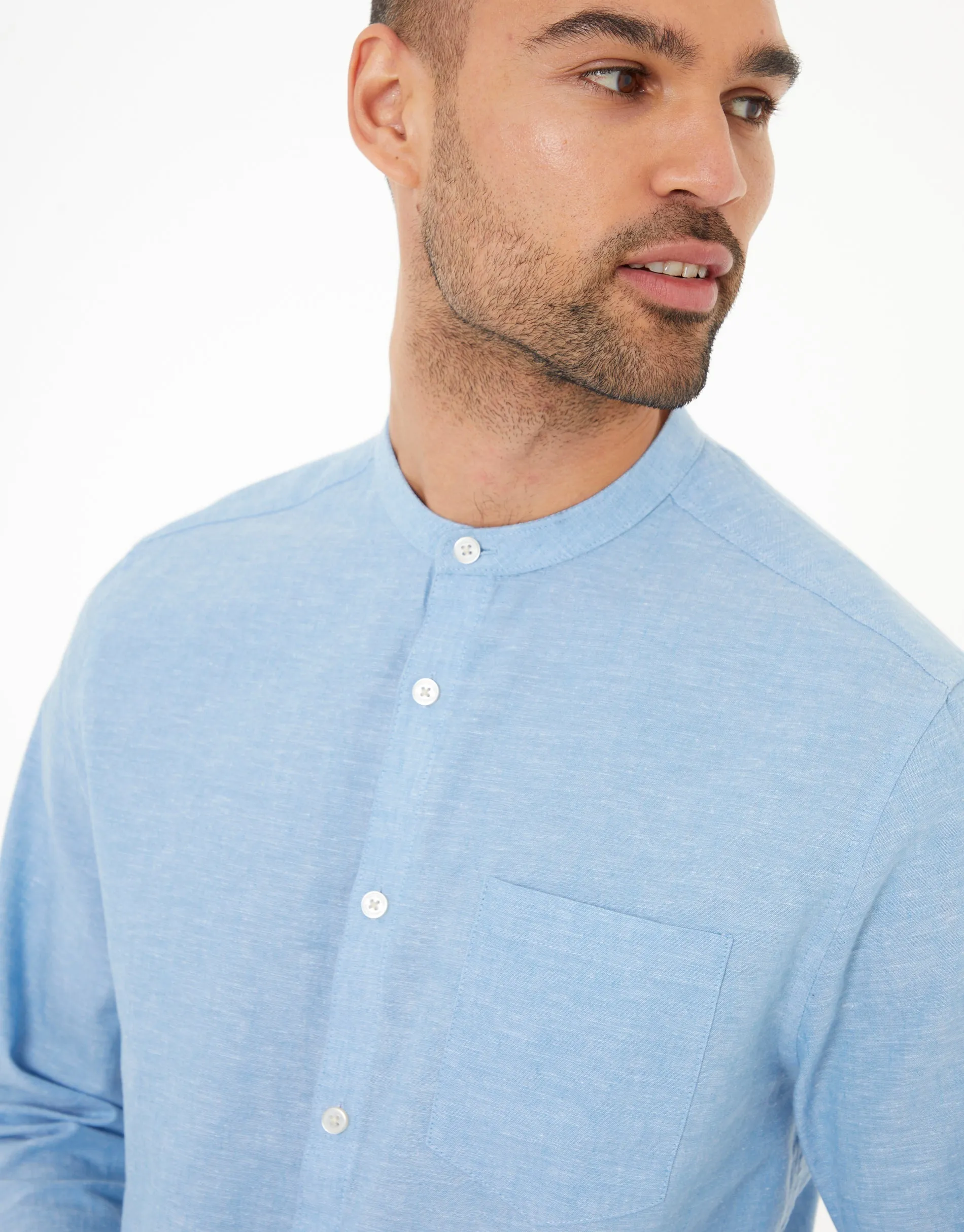 Denim Blue Grandad Collar Linen Blend Long Sleeve Shirt sold by Threadbare product image thumbnail 4