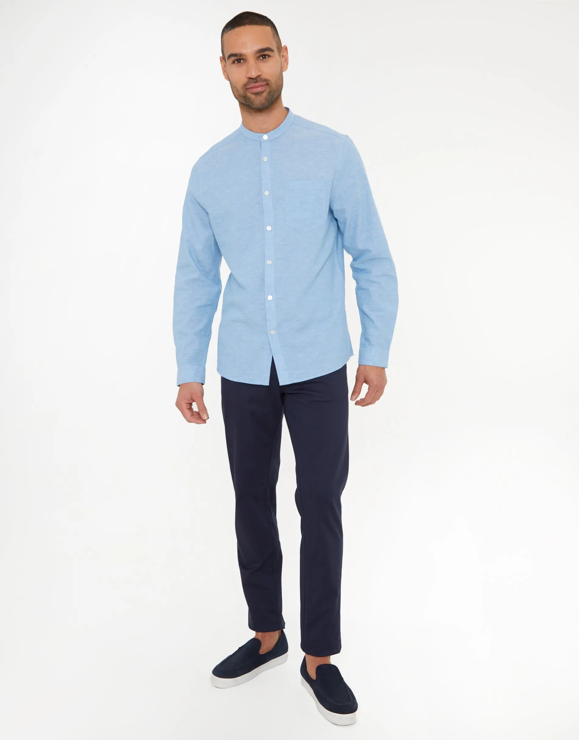 Denim Blue Grandad Collar Linen Blend Long Sleeve Shirt sold by Threadbare product image thumbnail 3
