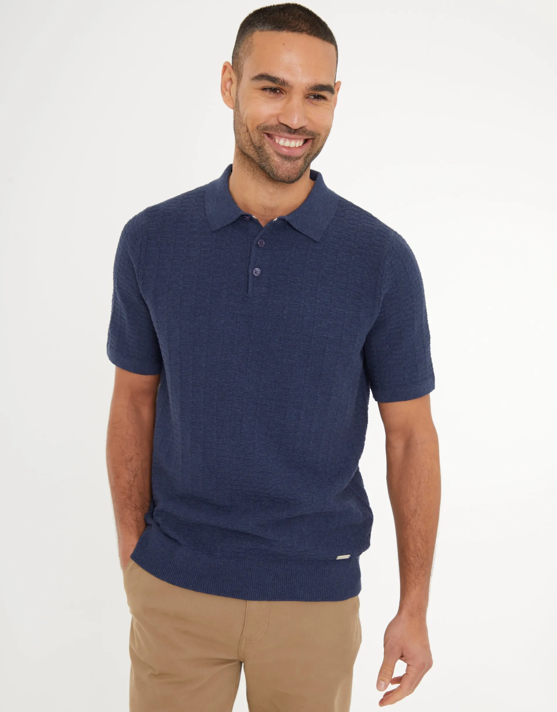 Denim Blue Button Collar Textured Knit Polo sold by Threadbare