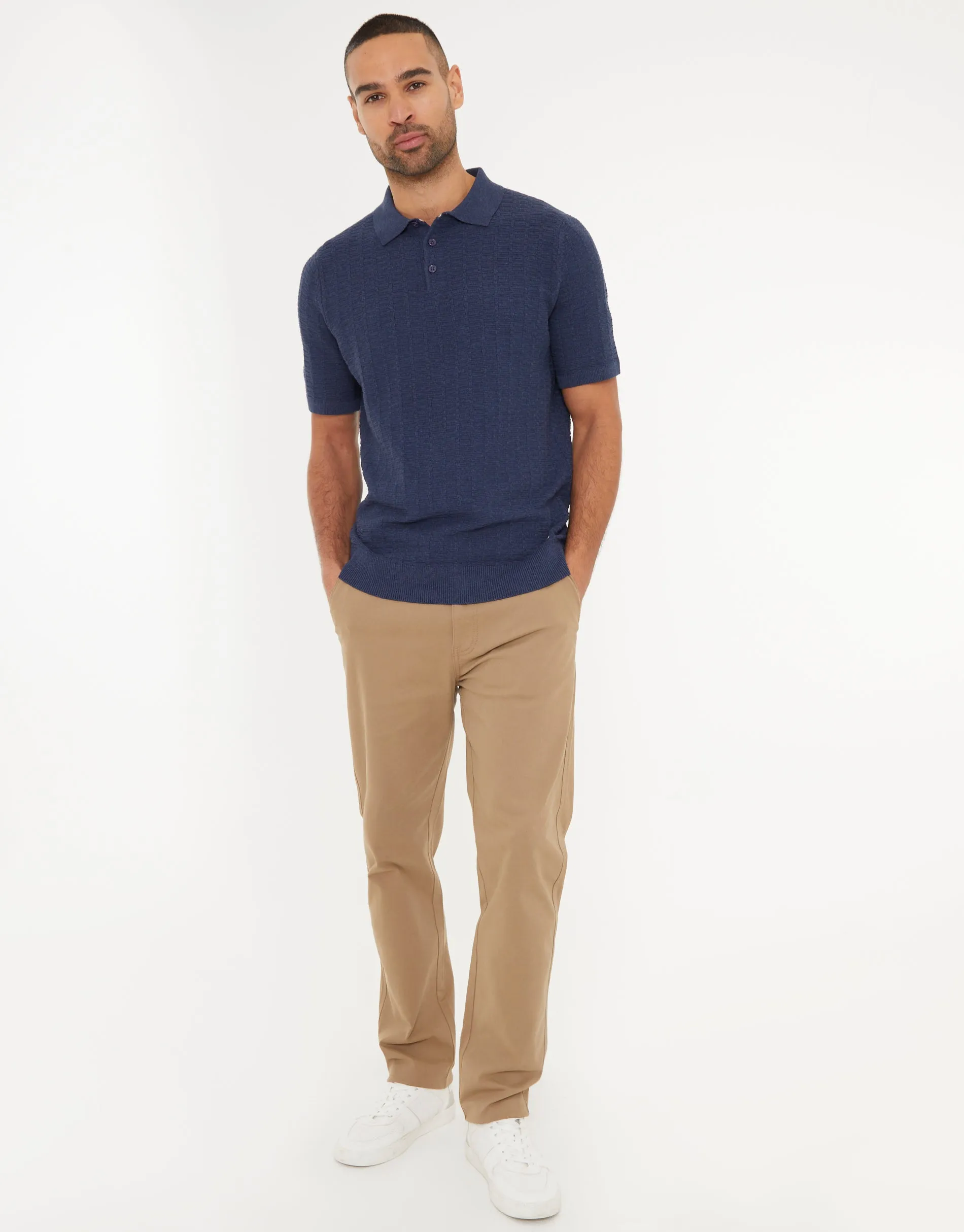 Denim Blue Button Collar Textured Knit Polo sold by Threadbare product image thumbnail 3