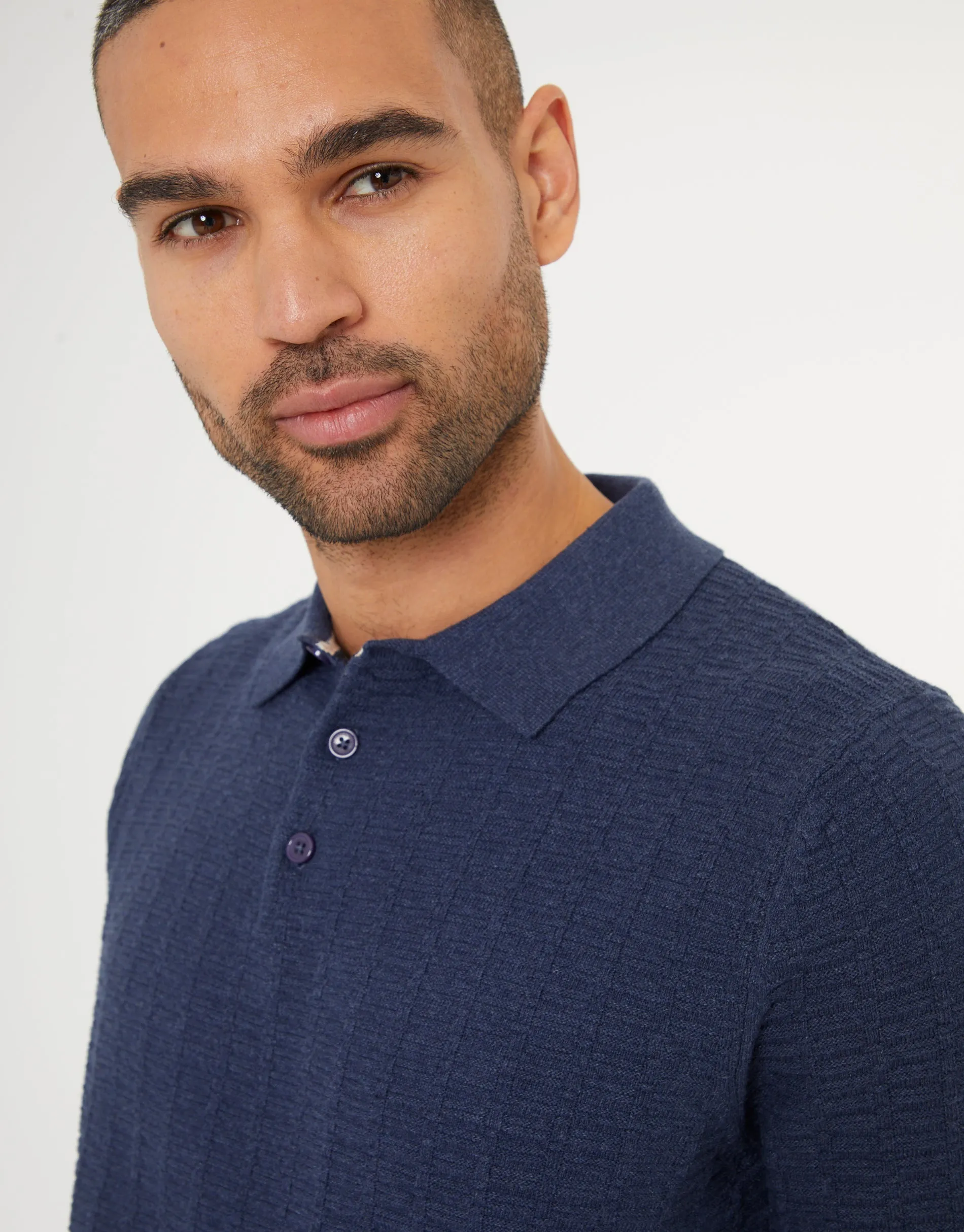 Denim Blue Button Collar Textured Knit Polo sold by Threadbare product image thumbnail 4