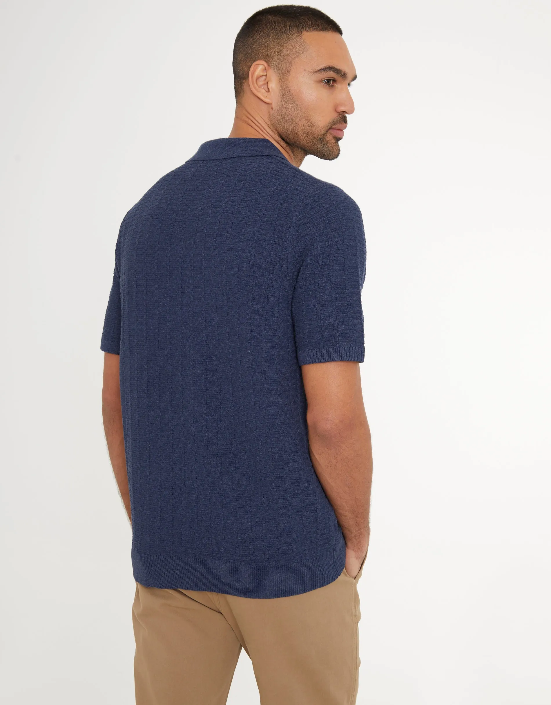 Denim Blue Button Collar Textured Knit Polo sold by Threadbare product image thumbnail 2
