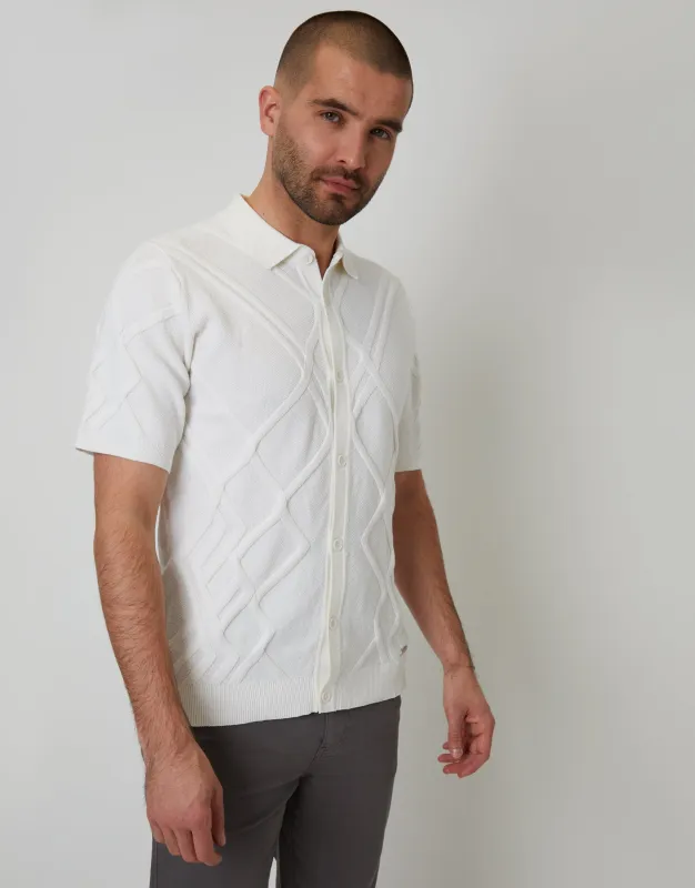 Ecru Cable Knit Button Through Polo Shirt sold by Threadbare