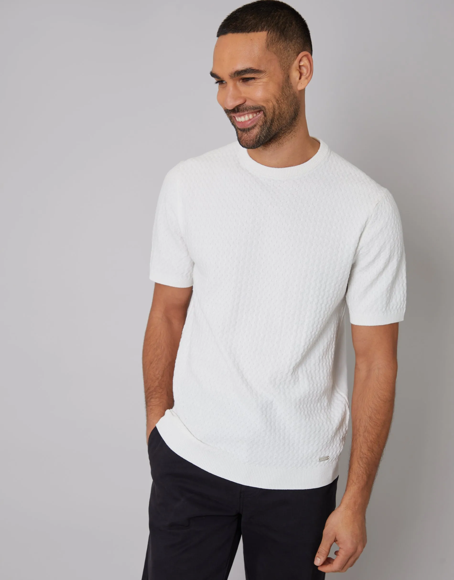 Ecru Textured Front Knitted T-Shirt sold by Threadbare