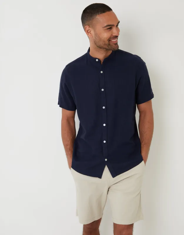 Navy Grandad Collar Linen Blend Short Sleeve Shirt sold by Threadbare