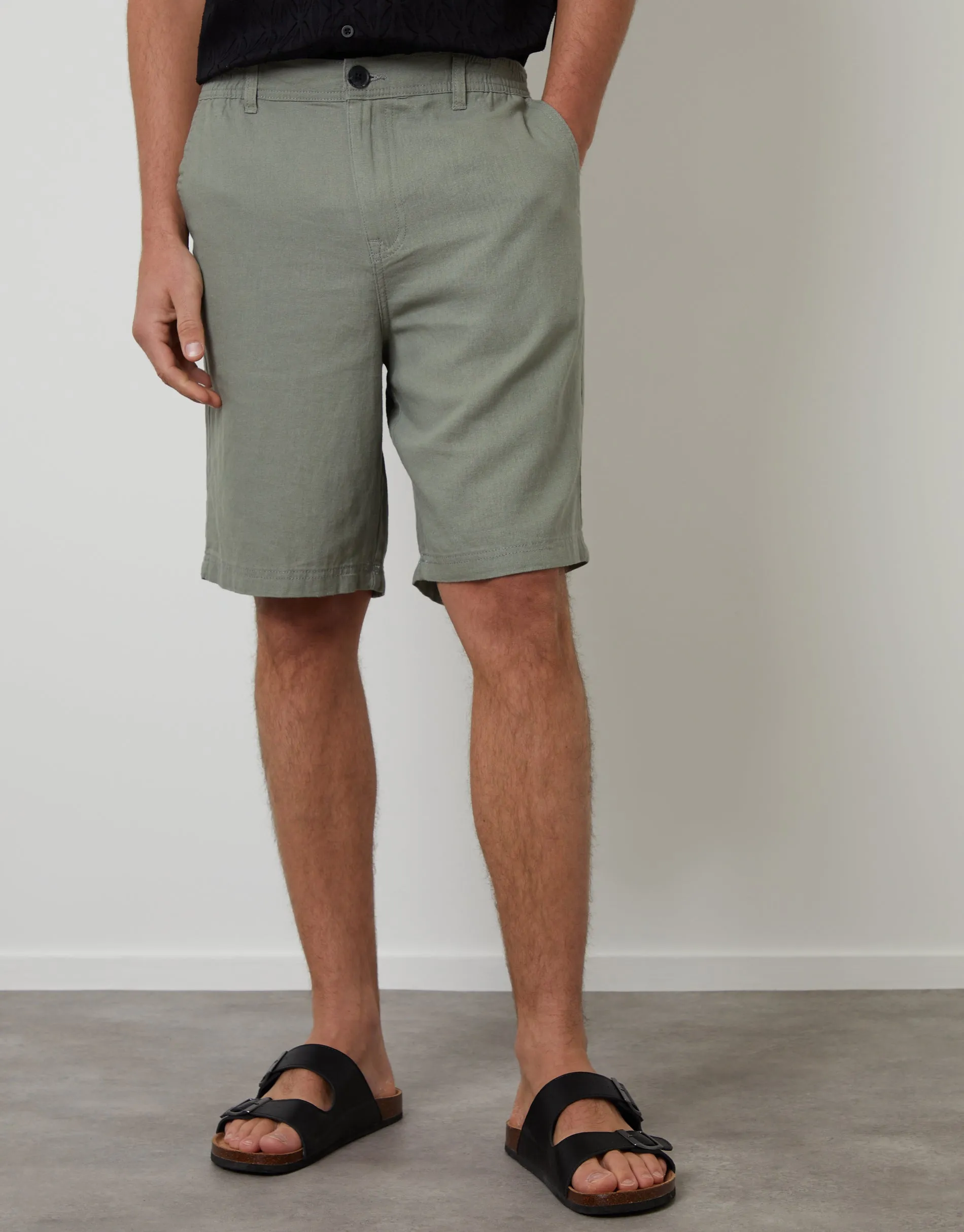 Sage Green Linen Blend Shorts sold by Threadbare