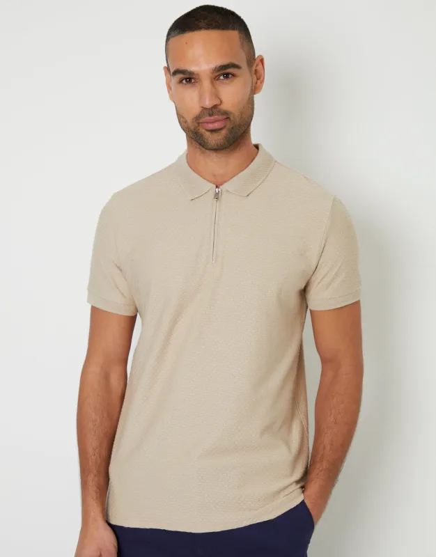 Stone Textured Quarter Zip Polo Shirt sold by Threadbare