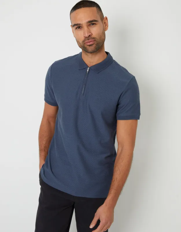 Denim Blue Textured Quarter Zip Polo Shirt sold by Threadbare