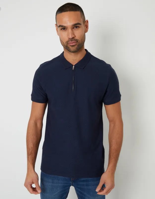 Navy Textured Quarter Zip Polo Shirt sold by Threadbare