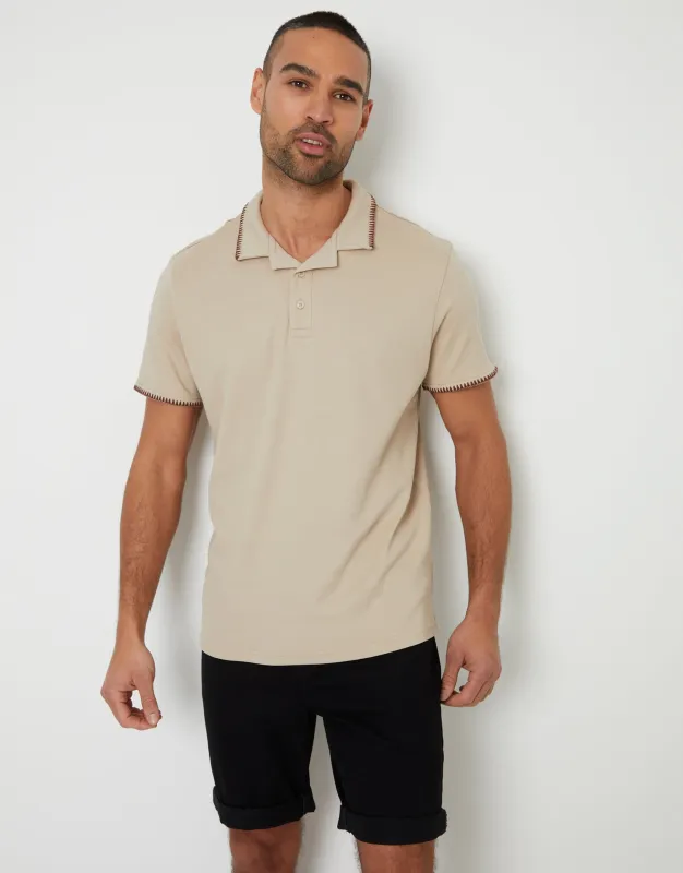 Stone Contrast Revere Collar Polo Shirt made by Threadbare