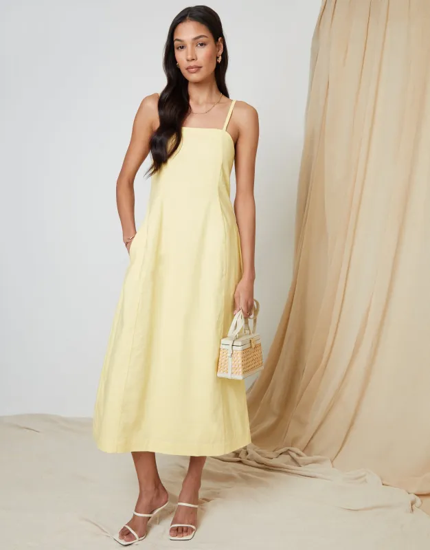 Threadbare Women's Yellow Linen Blend Square Neck Midi Dress sold by Threadbare