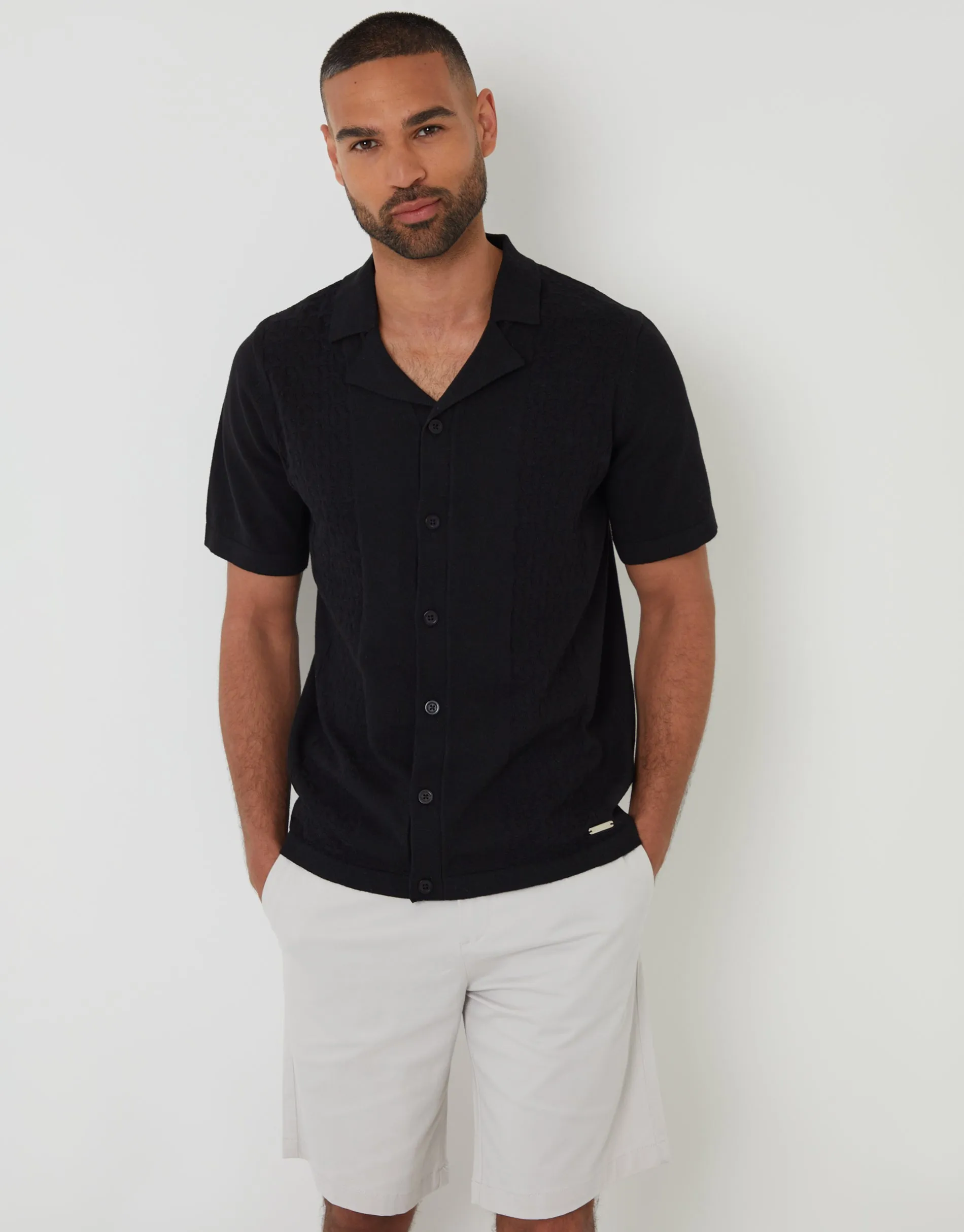 Black Textured Panel Revere Collar Knitted Shirt sold by Threadbare product image thumbnail 2