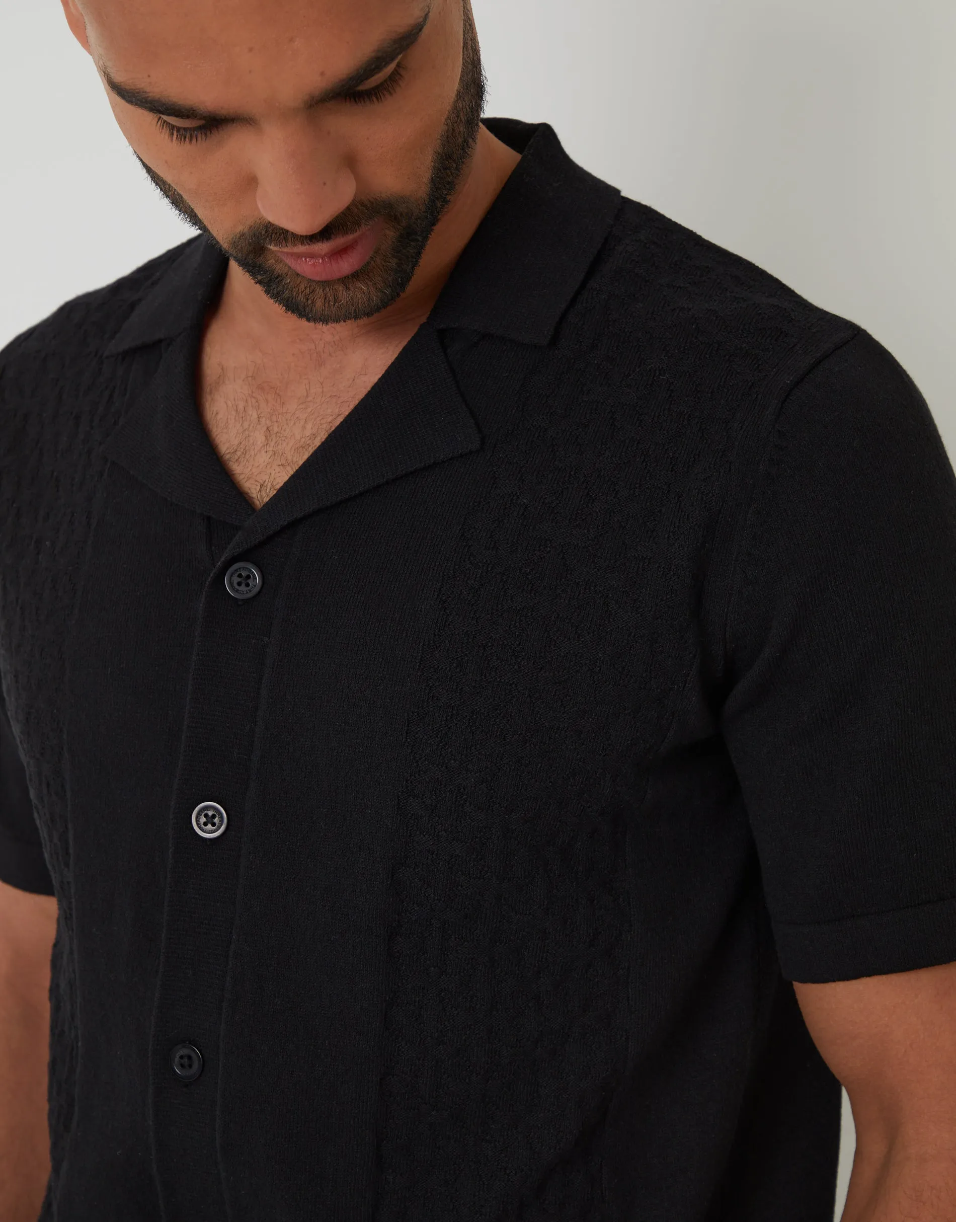 Black Textured Panel Revere Collar Knitted Shirt sold by Threadbare product image thumbnail 5