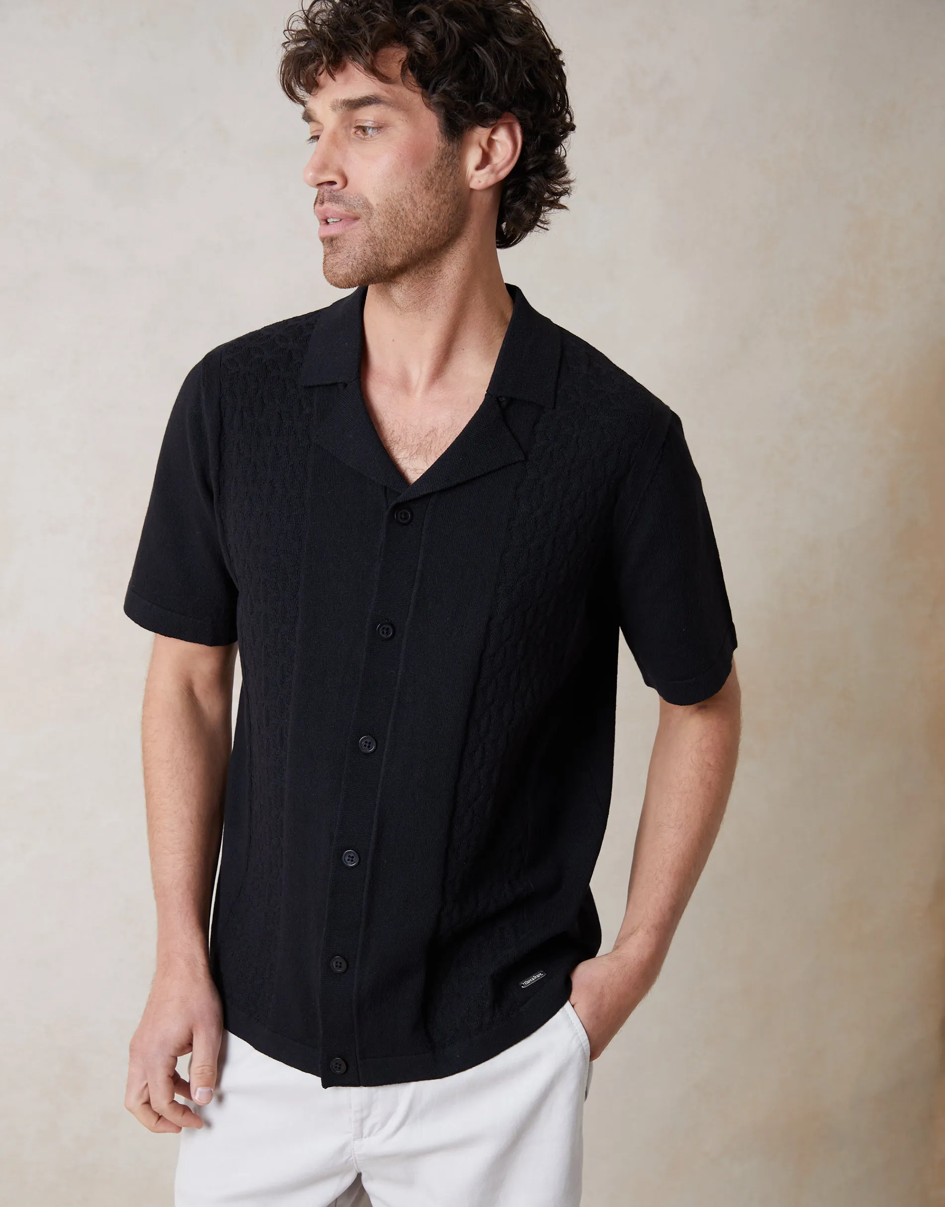 Black Textured Panel Revere Collar Knitted Shirt sold by Threadbare