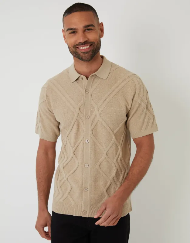 Threadbare Men's Beige Cable Knit Button Through Polo Shirt sold by Threadbare