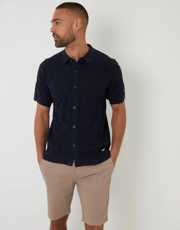 Threadbare Men's Navy Cable Knit Button Through Polo Shirt sold by Threadbare