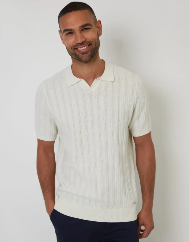 Ecru Textured Knitted Trophy Neck Polo sold by Threadbare