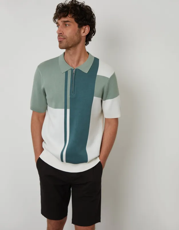 Dark Sage Green Colourblock Quarter Zip Knitted Polo sold by Threadbare