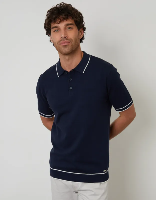 Navy Knitted Short Sleeve Polo sold by Threadbare