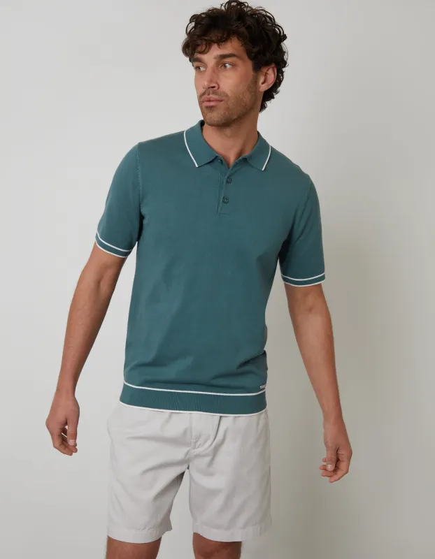 Dark Sage Green Knitted Short Sleeve Polo sold by Threadbare