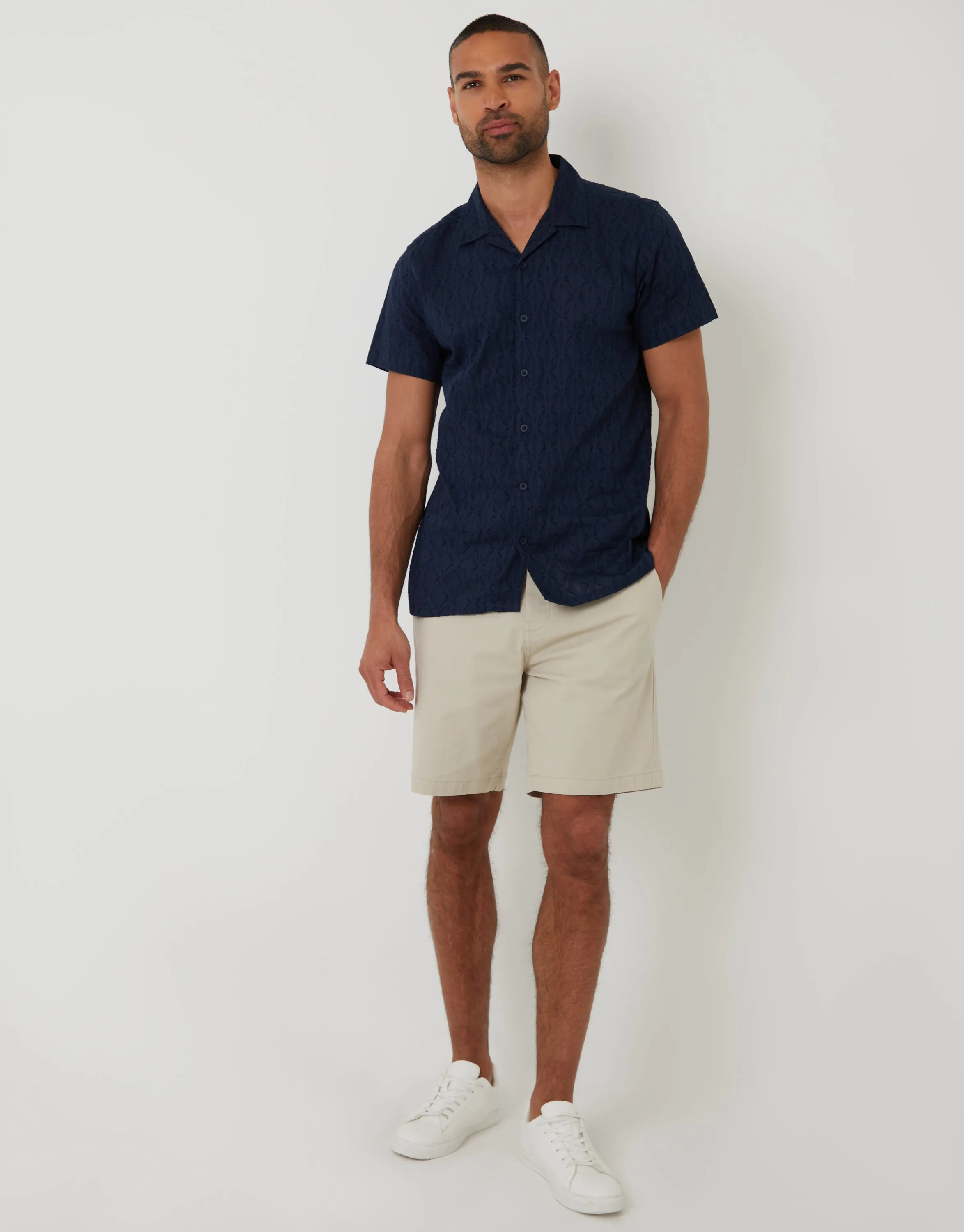 Navy Cotton Pluck Textured Revere Collar Short Sleeve Shirt sold by Threadbare product image thumbnail 3