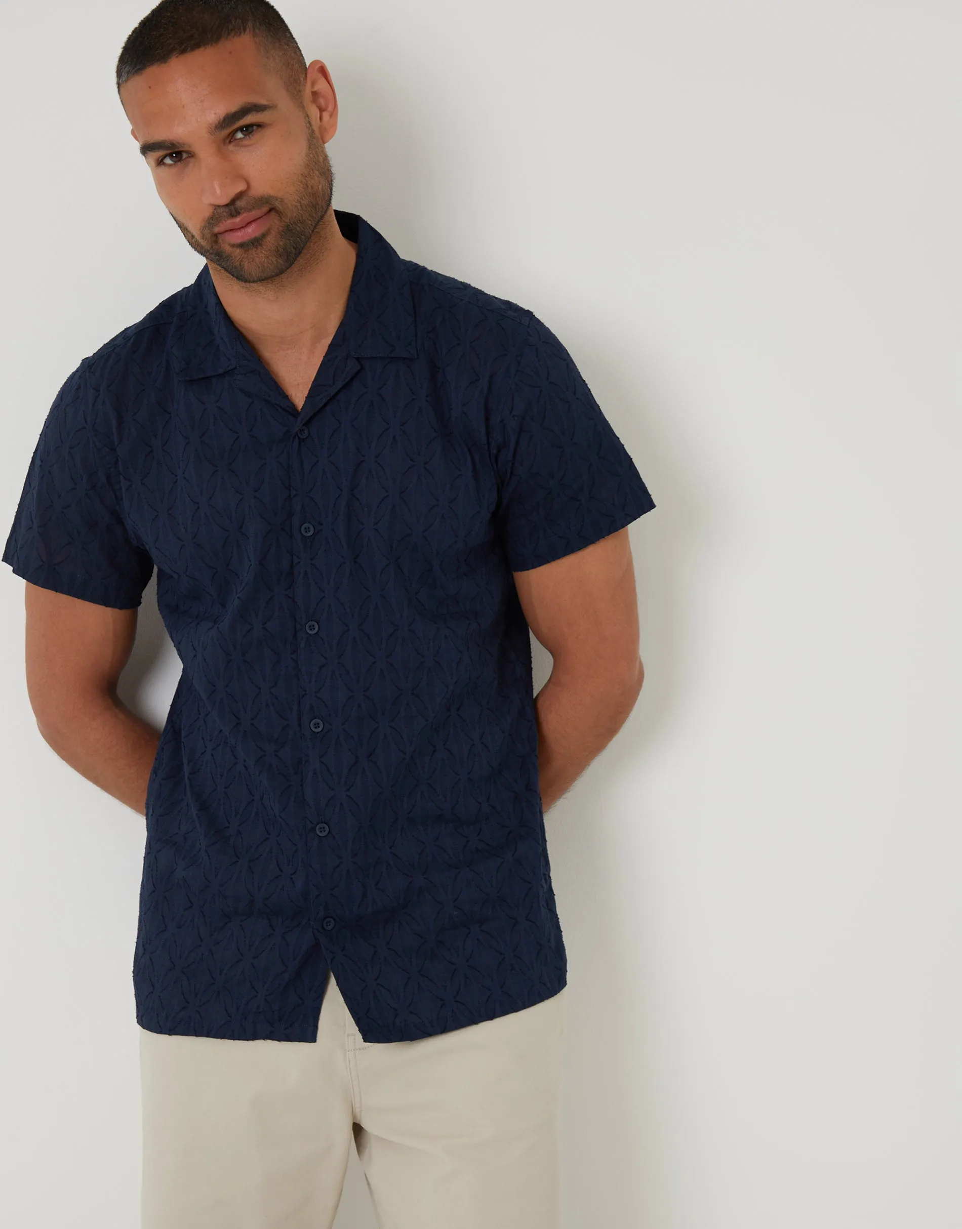 Navy Cotton Pluck Textured Revere Collar Short Sleeve Shirt sold by Threadbare