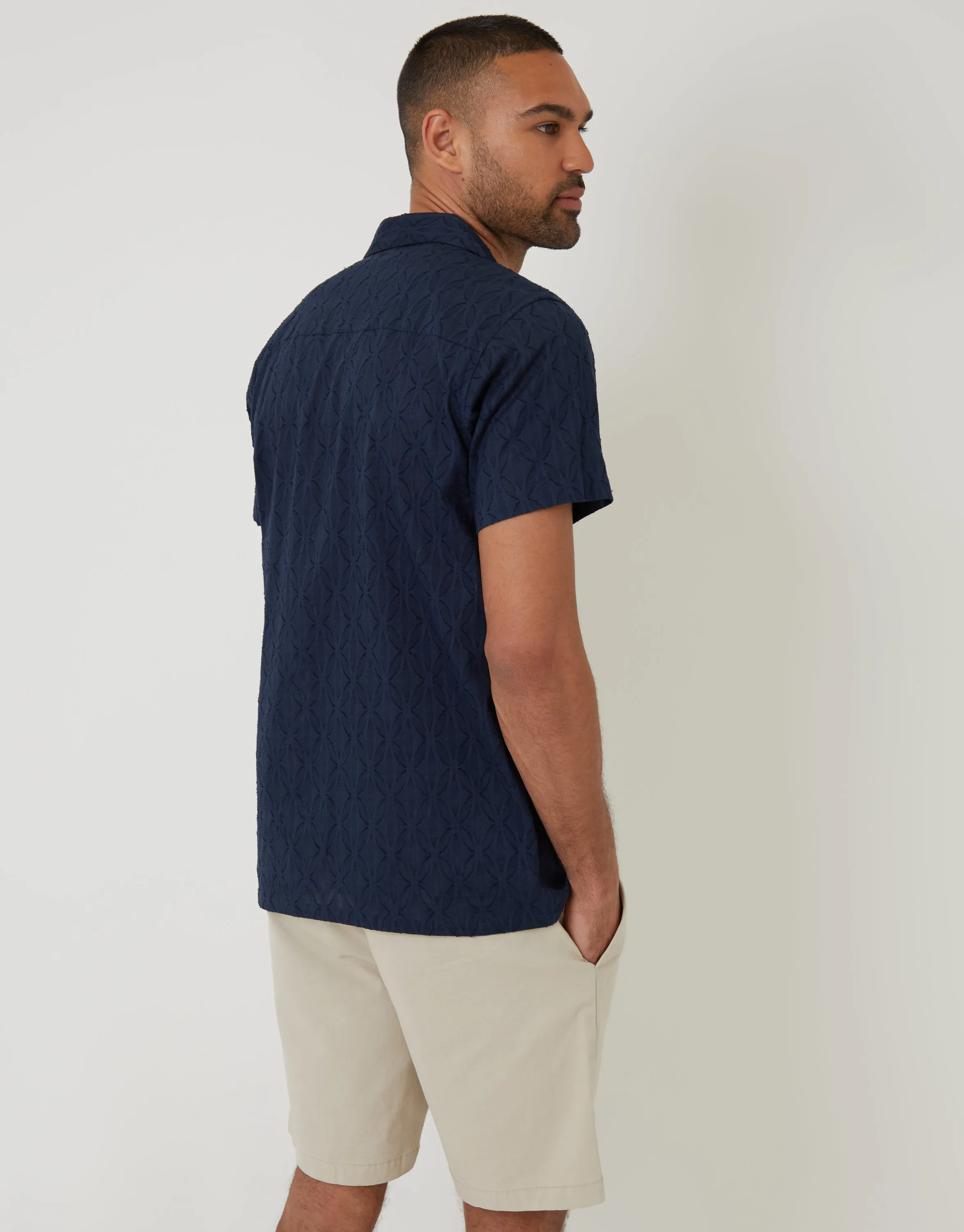 Navy Cotton Pluck Textured Revere Collar Short Sleeve Shirt sold by Threadbare product image thumbnail 2