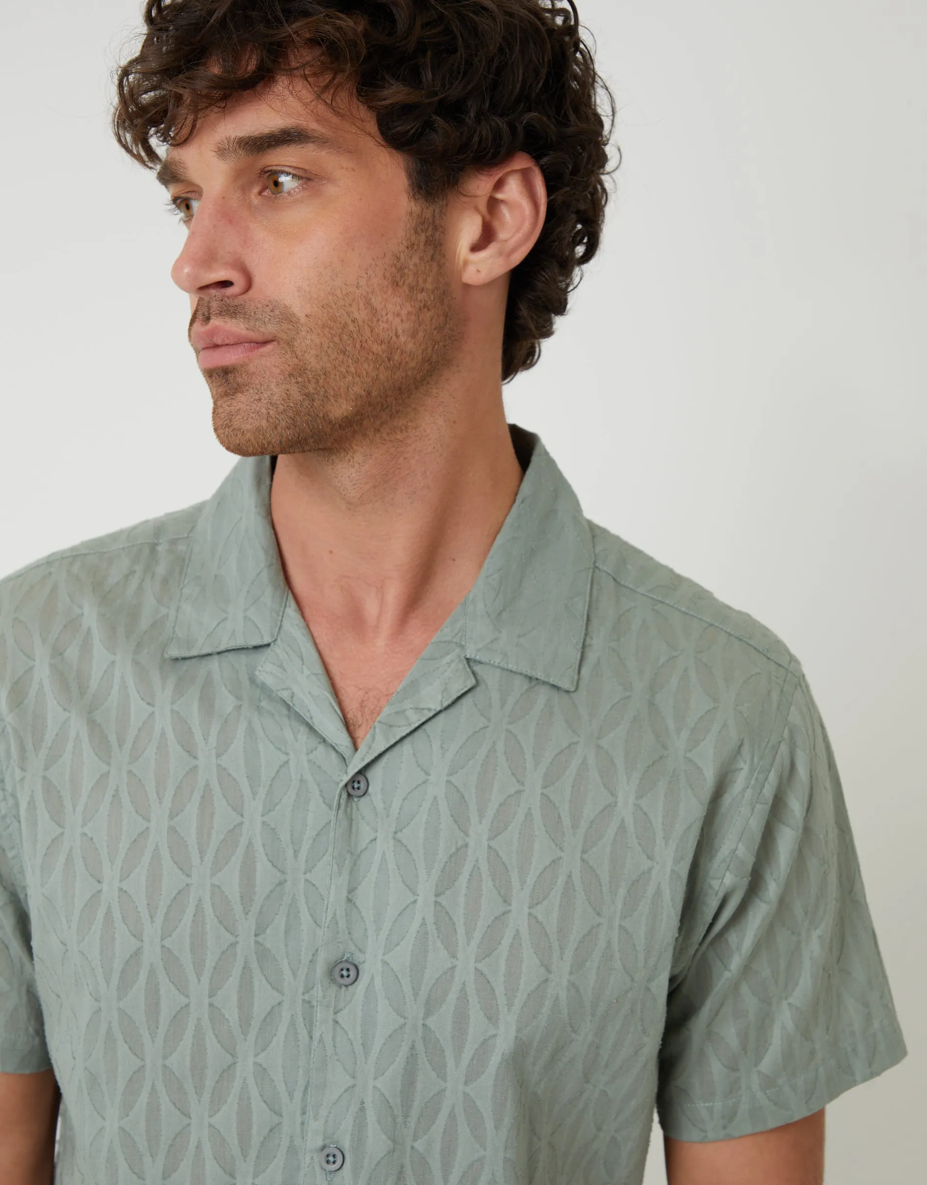 Sage Green Cotton Pluck Textured Revere Collar Short Sleeve Shirt sold by Threadbare product image thumbnail 4