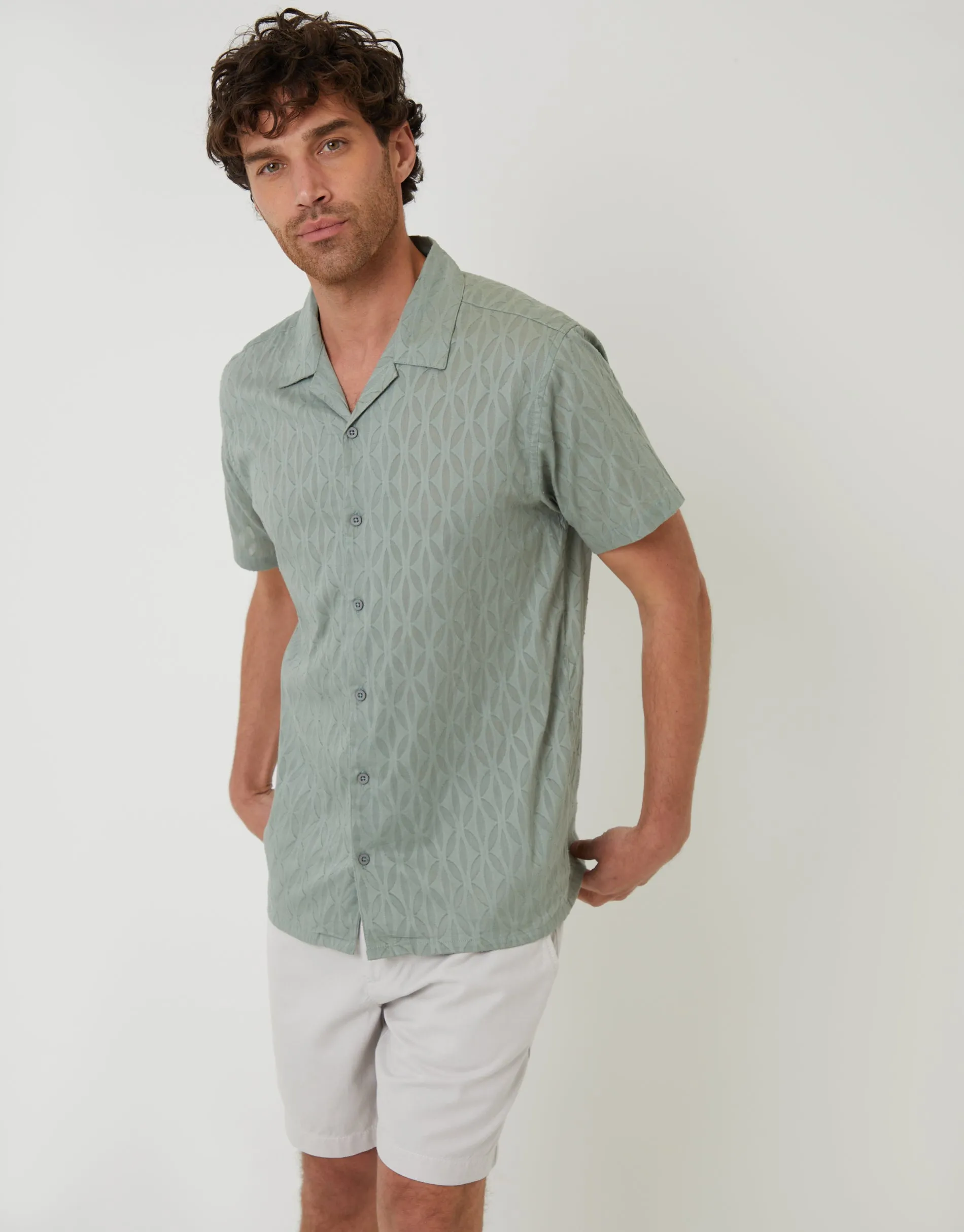 Sage Green Cotton Pluck Textured Revere Collar Short Sleeve Shirt sold by Threadbare