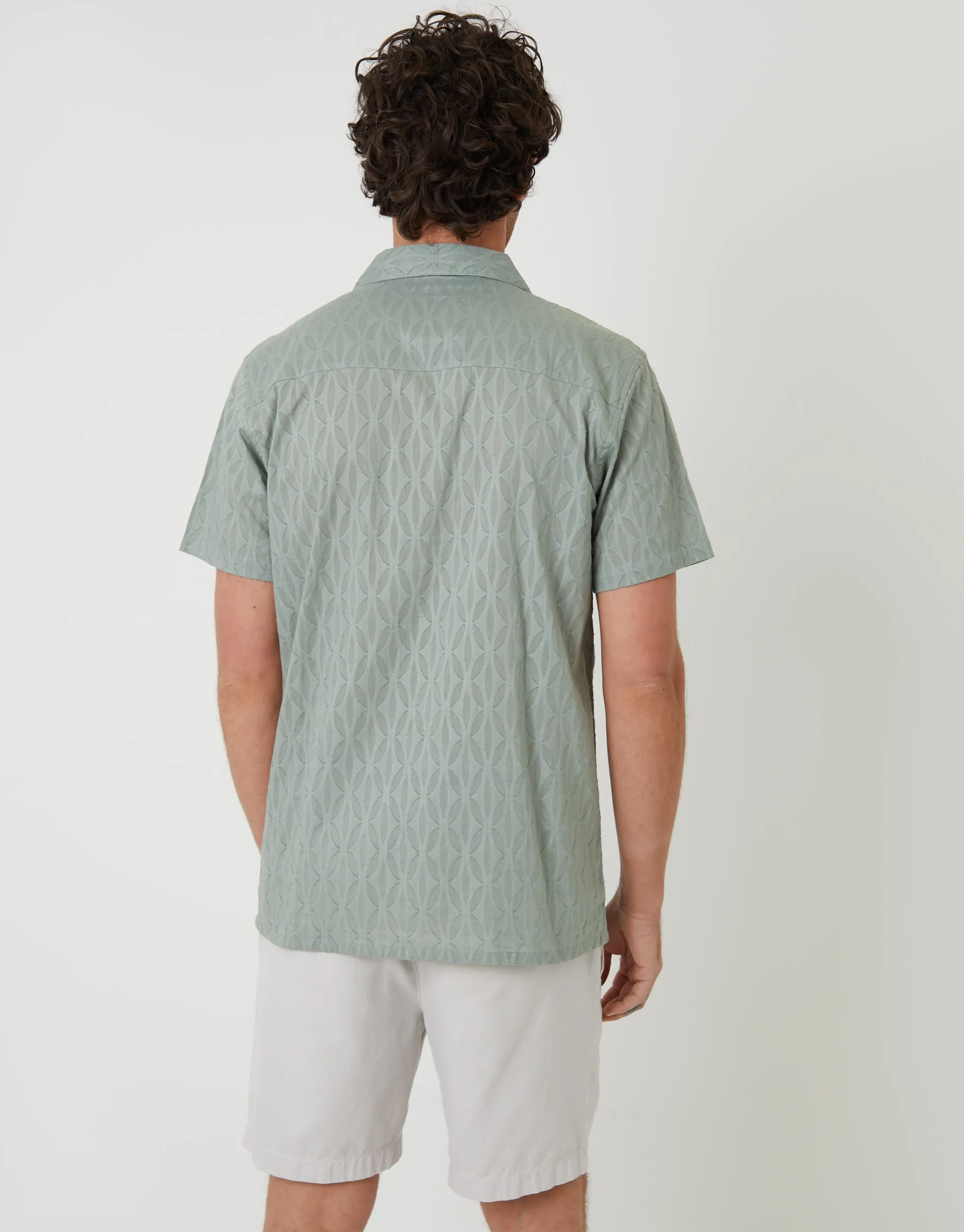 Sage Green Cotton Pluck Textured Revere Collar Short Sleeve Shirt sold by Threadbare product image thumbnail 2